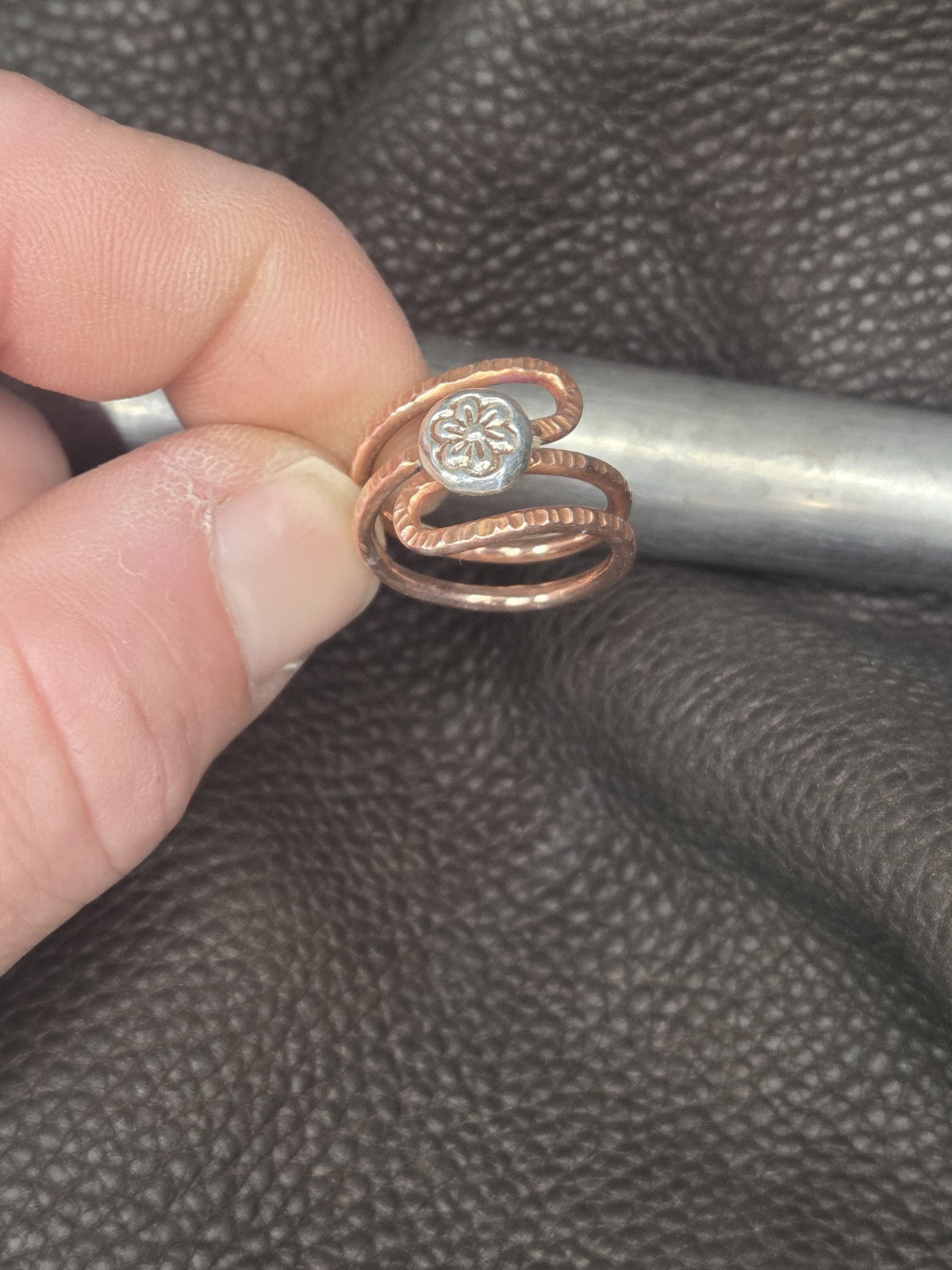 Handmade Hammered Copper Flower Ring – Mixed Metal Adjustable Wrap