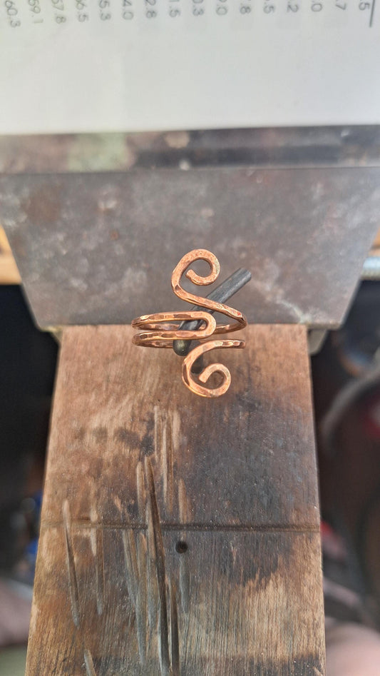 Hand Forged Copper Artisan Hammered Scroll Ring, Adjustable