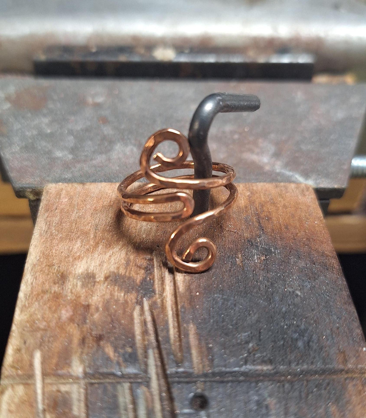 Hand Forged Copper Artisan Hammered Scroll Ring, Adjustable