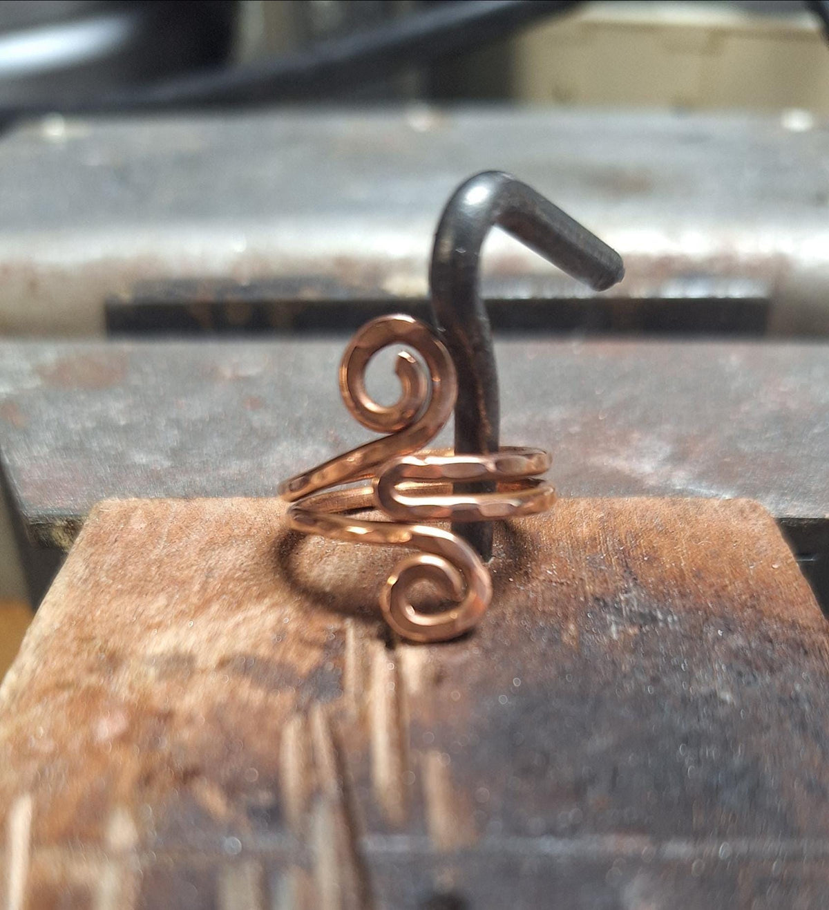 Hand Forged Copper Artisan Hammered Scroll Ring, Adjustable